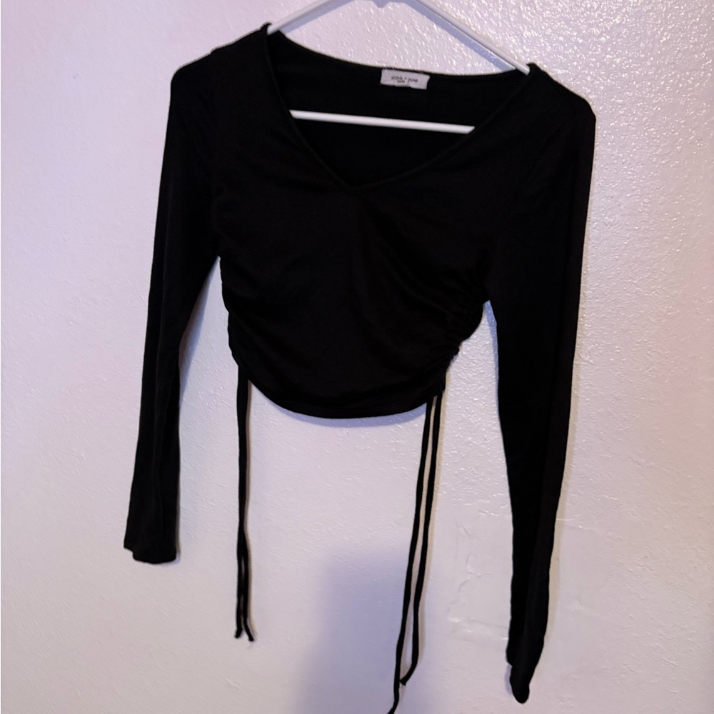 Black Ruched Crop Blouse with Peter Pan Collar